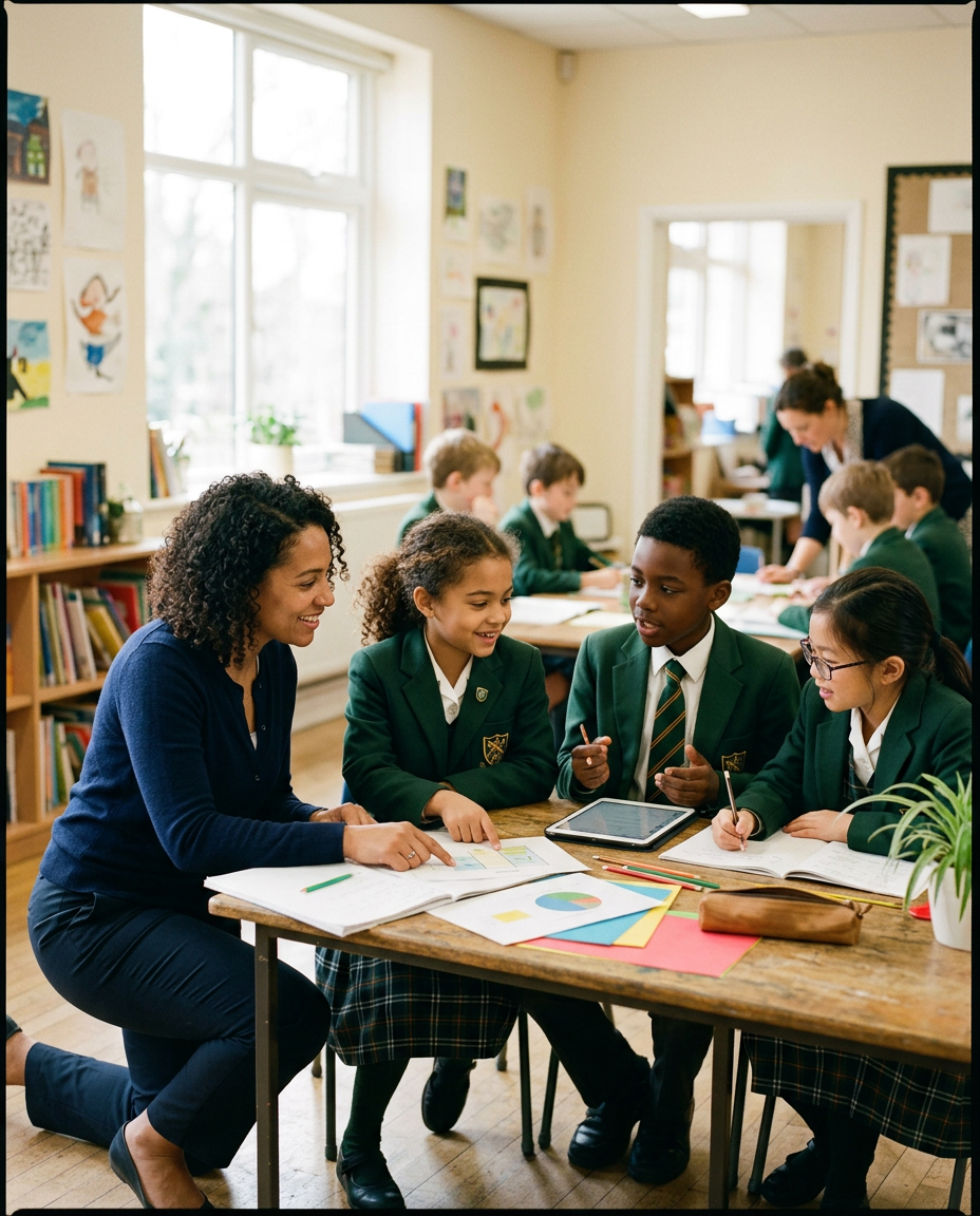 Students in LBS preparatory uniforms collaborating in a bright classroom