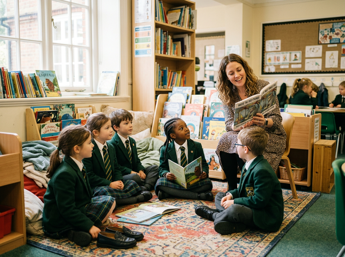 Young students in LBS uniforms exploring a hands-on lesson