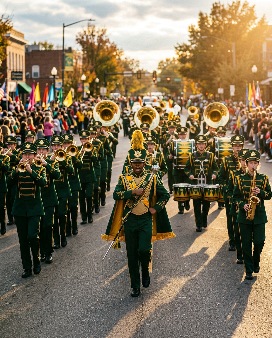 Student marching band members with instruments