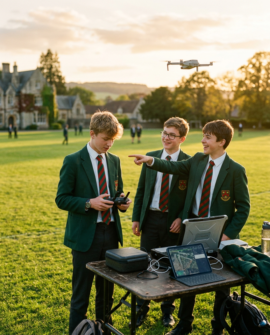 Students in LBS uniforms flying an educational drone
