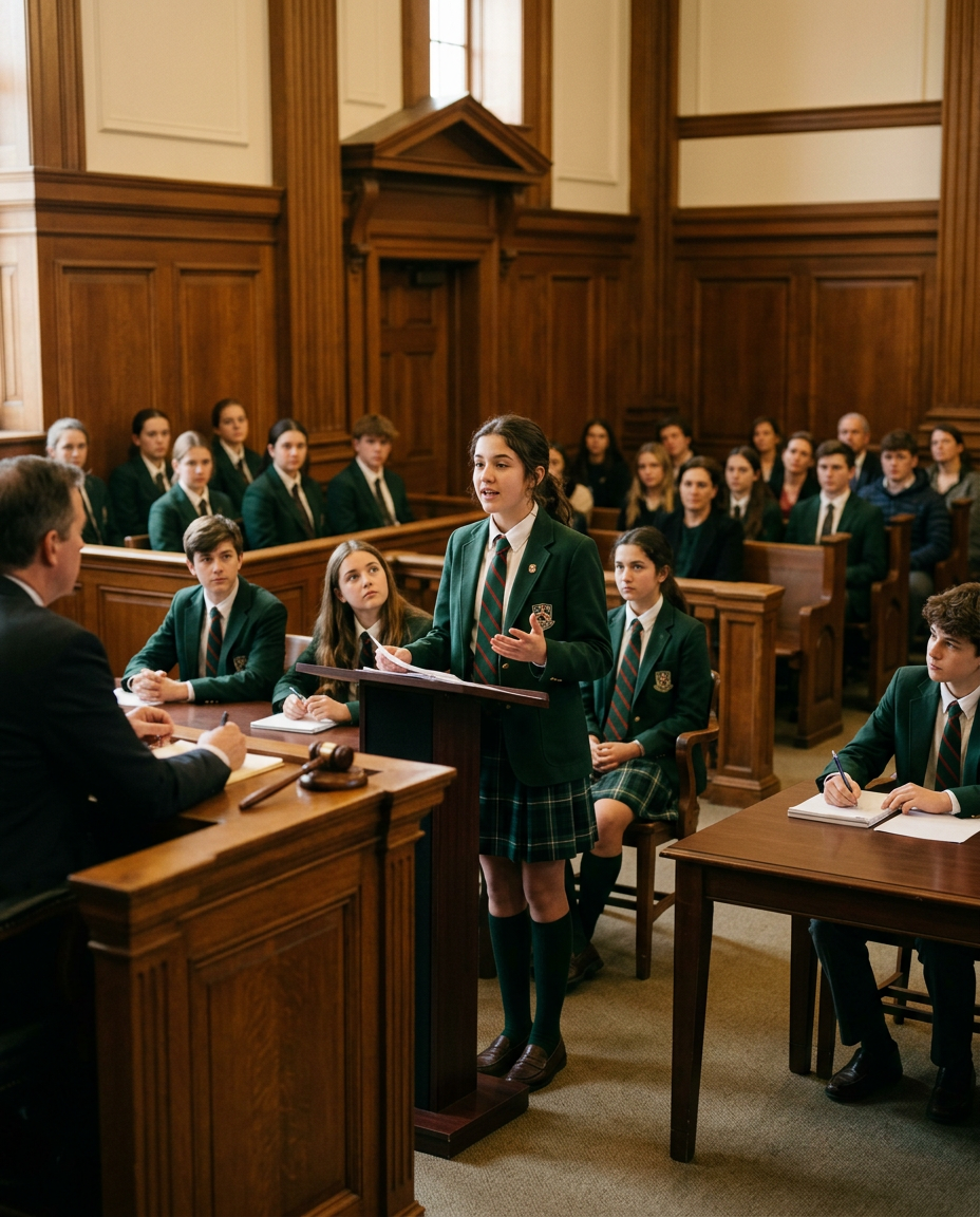 Students in LBS uniforms in a debate and leadership session