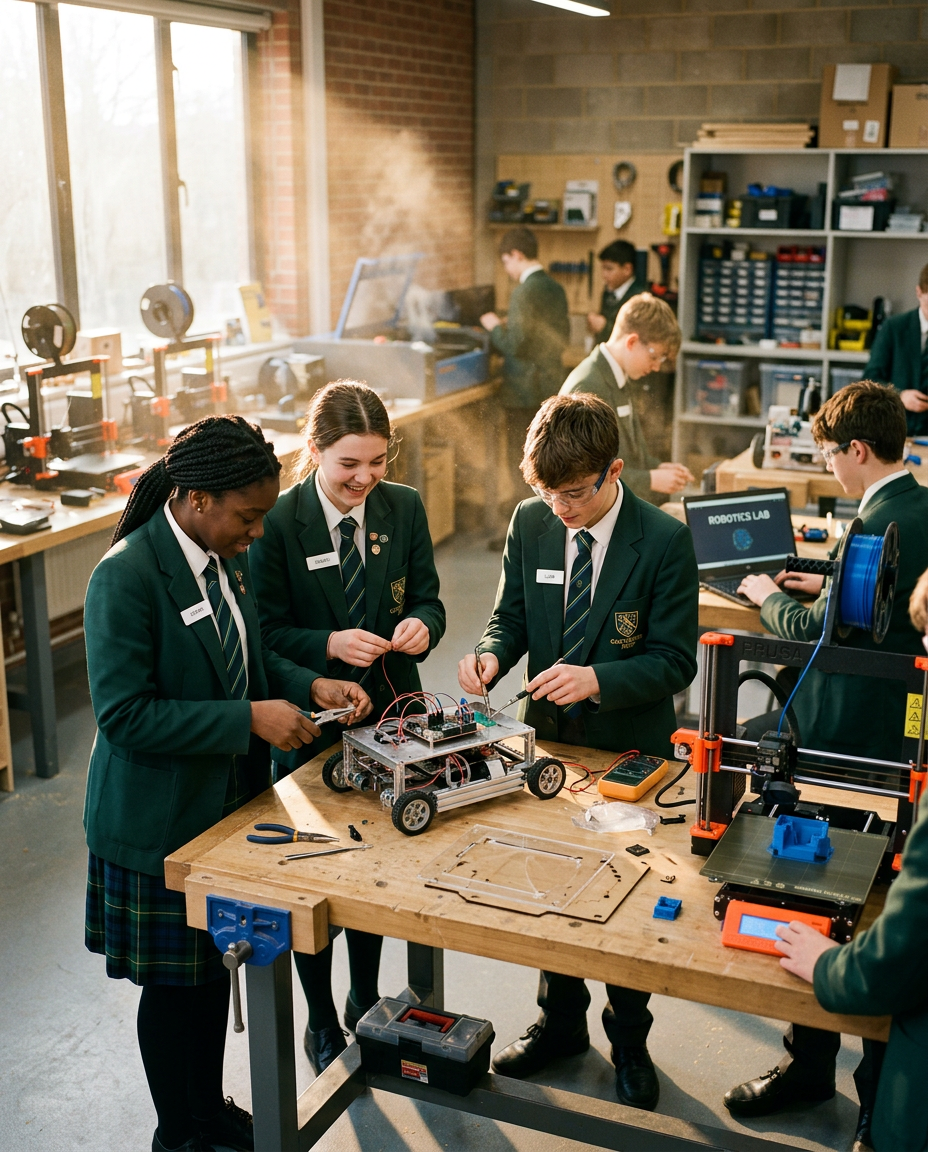 Students in LBS blazers building a prototype in a makers studio
