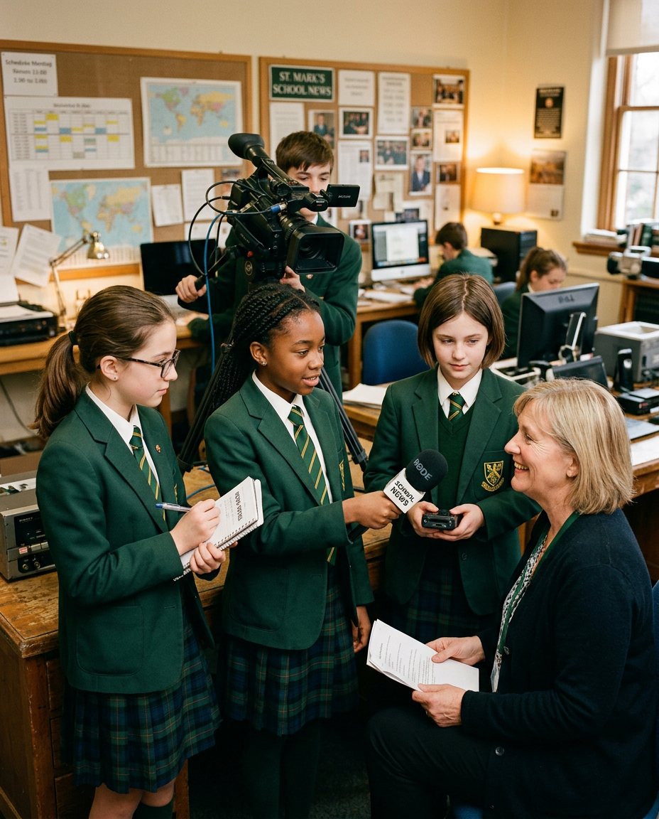 Student journalists in LBS uniforms working on the school newspaper