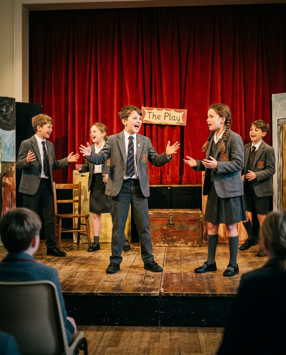 Students in costume performing on a school theater stage